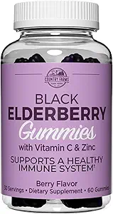 Las granjas de campo Elderberry Gummies con vitamina C y Zinc, apoya el sistema de inmunológico saludable, rico en antioxidantes, triple acción Immune Blend, Berry Flavor, 60 Gummies, 30 Servimientos