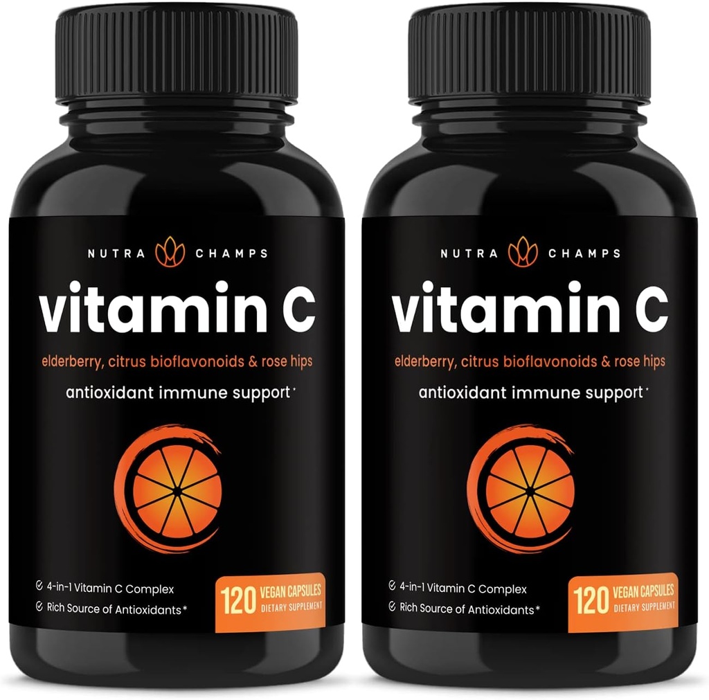 NutraChamps (2 Pack) Vitamina C 1000mg con Elderberry, Citrus Bioflavonoids & Rose HIPS - 120 Capsules Vegan, Suplemento Antioxidante no GMO para la salud inmuna y la producción de colágeno 500mg Powder Pills