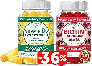 Lunakai Biotina y vitamina D3 Gummies Bundle - Peluquería y uñas Crecimiento Gummies con vitamina C y E - Inmunity, Bone y Mood Support Suplemento - 30 días de suministro