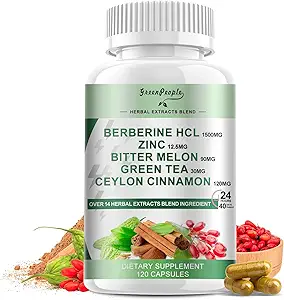 GREENPEOPLE Berberine Supplement with Ceylon Cinnamon - 120 Count Berberine 1500mg Activa AMPK &amp; GLP-1 Berberina HCL with Bitter Melon & Natural Herbs for Immune Support/Energy