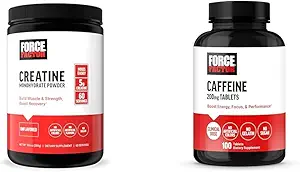 Factor de fuerza Cretina Powder 60 Servings and Caffeine Tablets 100 Tablets - Creatine for Muscle Gain and Caffeine for Energy