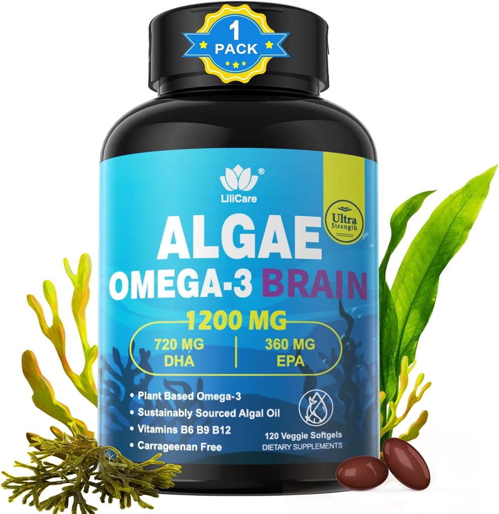 Omega 3 Fish Oil Softgels con DHA 720mg EPA 360mg, Vegan Algae Science 2:1 Ratio for Brain Eye, Plant Based Sustainably Sourced Omega 3 Suplemento, Fish Oil Alternative 1200mg, No Fish Taste, 120Cts