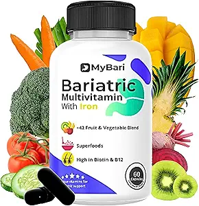 All-in-One Bariatric Multivitamin with Iron - Made in USA - for Men & Women - Supports Gastric Sleeve & Bypass with 42+ Fruit & Veggie Blend - 60 Liquid Capsules