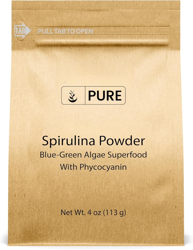 PURE ORIGINAL INGREDIENTES Spirulina Polvo (4 oz) Algas Verdes Superalimentos con Ficociano