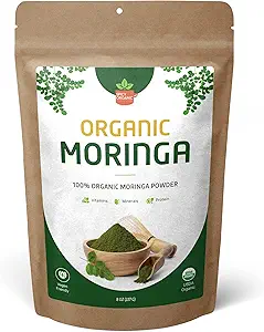 Orgánica Moringa Leaf Powder – USDA Certified Green Superfood  sometida Natural Energy &amp; Immune Support – Vegan, Non-GMO, Gluten-Free – Pura Moringa Raw para Smoothies, Teas, Cooking – 8oz Pouch Resealable