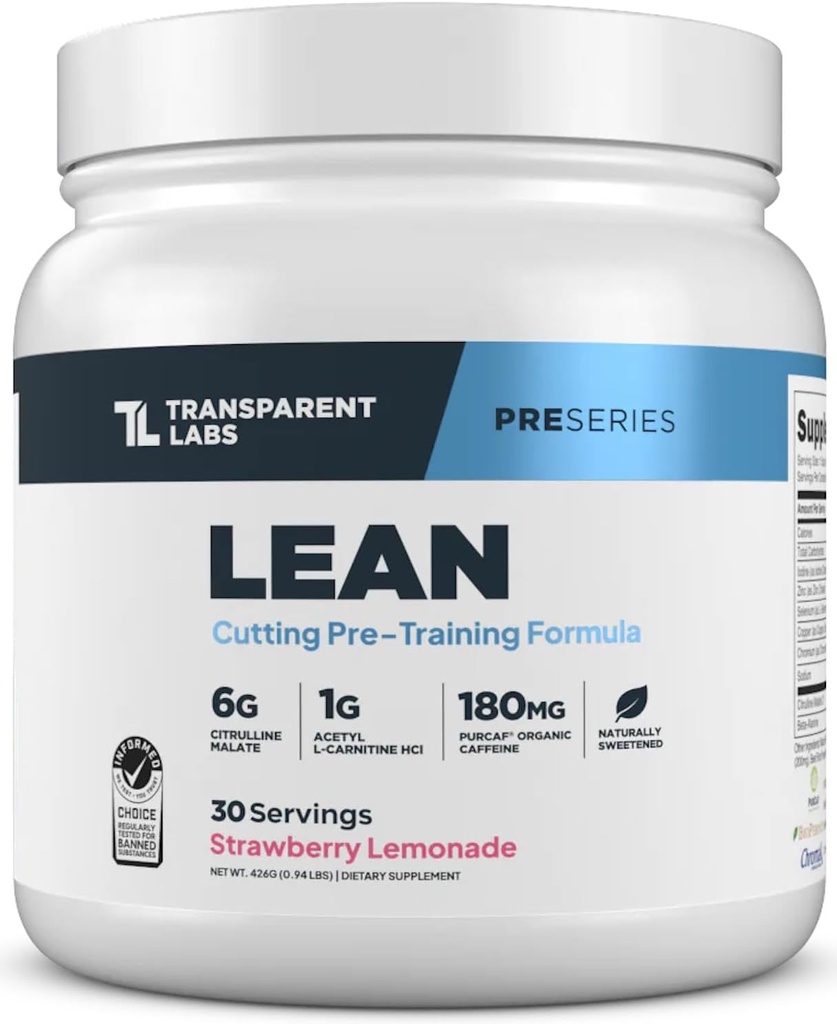 Laboratorios Transparentes Lean Pre-Workout - Recomposición Corporal Pre Workout para Hombres y Mujeres con Acetyl L-Carnitine, Beta Alanine Powder, PurCaf Organic Caffeine Powder - 30 Servings, Strawberry Lemonade