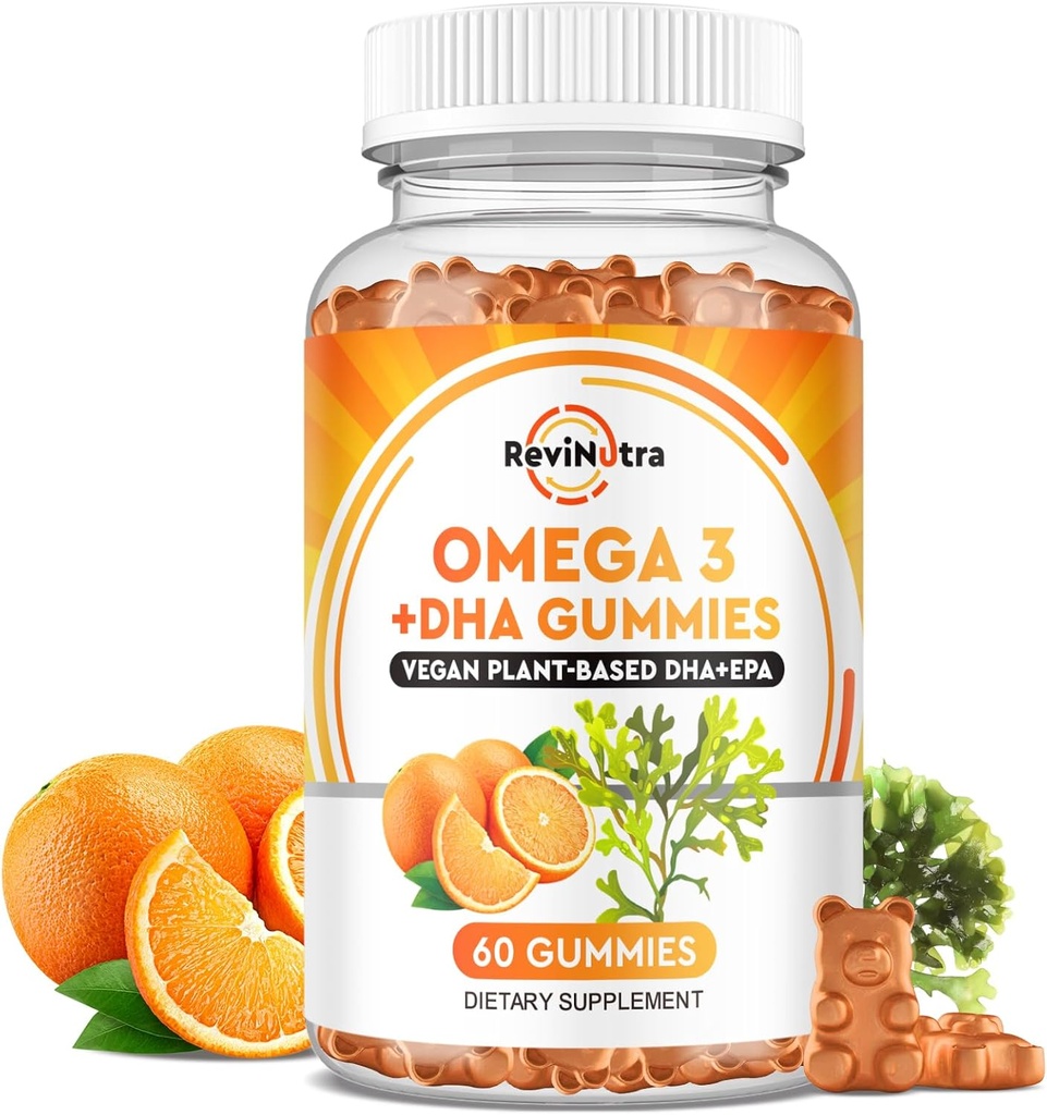 Omega 3 Gummies, Omega 3 suplementos de aceite de pescado Alternativa con EPA & DHA, CoQ10, Folate, Vitamina A, D3, E, soporta cerebro, articulación, corazón, ojo y sistema inmunológico Función-Orange Flavor, 60 Gummies