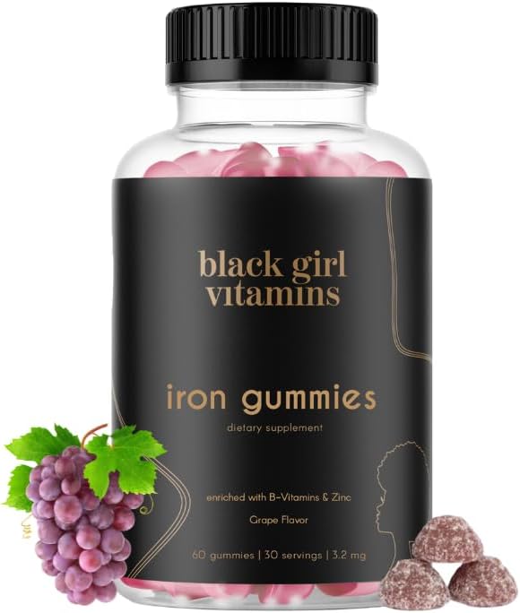 Black Girl Vitamins - Iron Gummies (20 mg), Supports Iron Deficiency & Anemia, Gluten-Free, Gelatin Free, Made in The USA (Grape, 60 Cuenta) 30 Day Supply