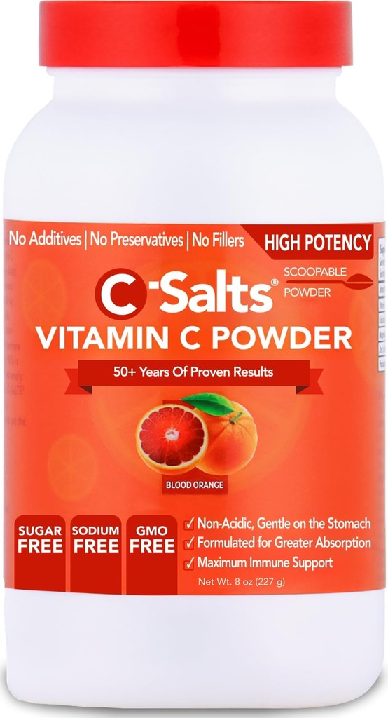 C-Salts Vitamina C Suplemento de Polvo - 100% Puro de alta dosis Buffered Vitamin C Powder para Immune Support - Organic, Sugar-Free, Vegan, No GMO, Stomach-Friendly, Blood Orange 8oz