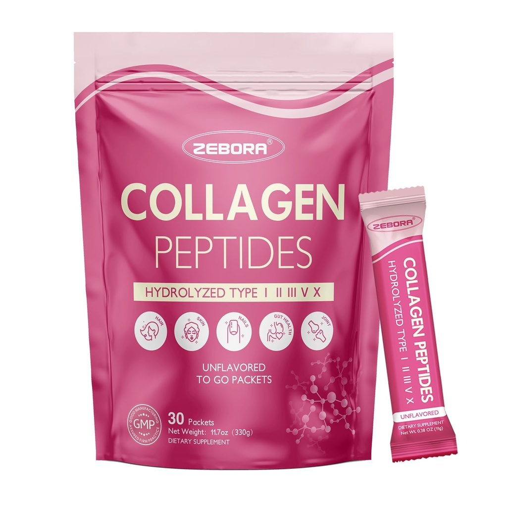 ZEBORA Multi Collagen Peptides Powder Packets with Hyaluronic Acid, Biotin, MCT - Hydrolyzed Collagen with 5 Billion Probiotics - Support Skin Hair Nail & Gut Health - 30 Stick Packs