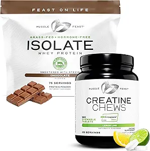 Muscle Feast Isolate + Creatine Candy Bundle: 1 Whey Protein Isolate (Chocolate, 5lb) + 1 Creatine Candy (Lemon Lime, 360) | Premium Supplements, Vegetarian, Gluten Free