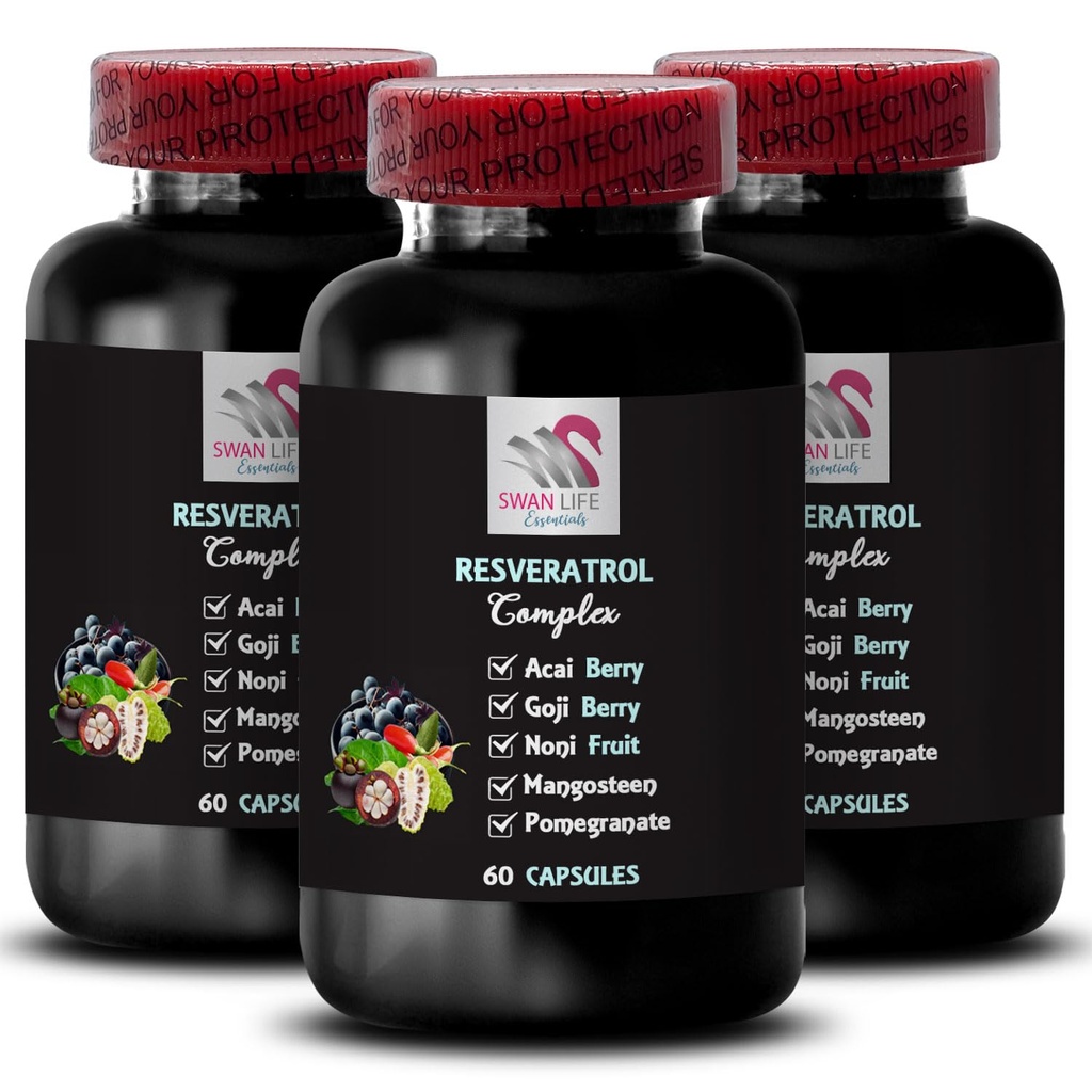 Berry Antioxidants - RESVERATROL COMLEX - Acai Berry Boost, Elderberry Strength, Goji Berry Power, Pomegranate Energy, Grape Skin Strength, Hydration Factor, Blueberry Balance 3 Bottles 180 Capsules