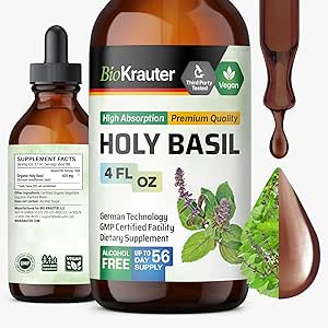 BIO KRAUTER Holy Basil Tincture - Tulsi Powder Líquido Extracto - Apoya la calma y la relajación - Suplemento de ácido ursólico - Alcohol y azúcar gratis - Vegan Drops 2 Fl.Oz.