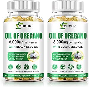 Óleo de orégano con aceite de semilla negra, 6000 mg de aceite de orégano cápsulas de carvacrol natural orgánico " Timoquinona, soporte digestivo inmuno, no GMO, Gluten Free, 120 Conde