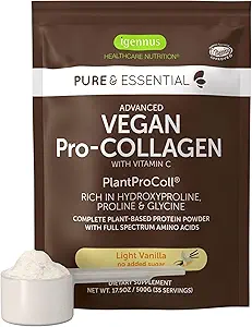 Igennus Advanced Vegan Vanilla Collagen Peptide Powder, mejorado con Glycine, Proline " Hydroxyproline " Cofactor Vitamin C, Non GMO, Vegetarian Plant Based Collagen Powder Booster, 35 Servings