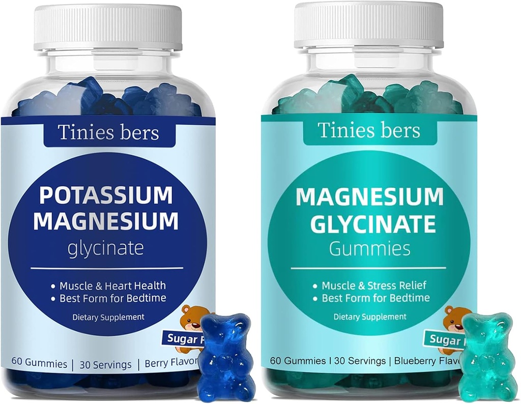 Potasio Gummies y Magnesio Glycinate Gummies 500mg Azúcar Gratis para Adultos y Niños, Vegan, Pectina, No GMO, Gluten Gratis