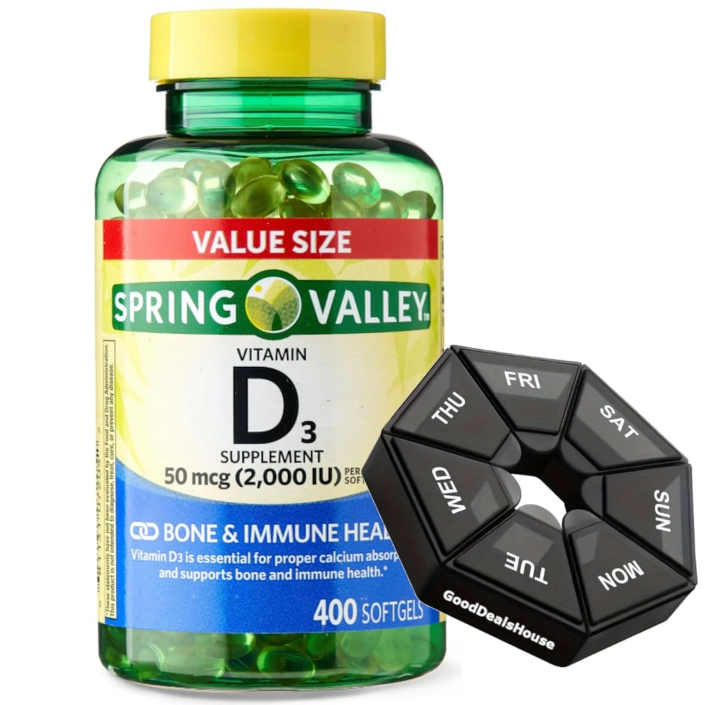 Bundle: Spring - Valley Vitamin D3 50 Mcg (2,000 IU) Softgels, 400 Count + Weekly Pillbox