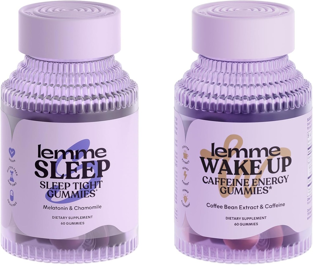 Lemme Sleep and Wake Up Bundle - Sleep Gummies for Better Night's Rest & Wake Up Caffeine Gummies for Energy - Gluten-Free, Non-GMO, 60 Cuenta cada uno