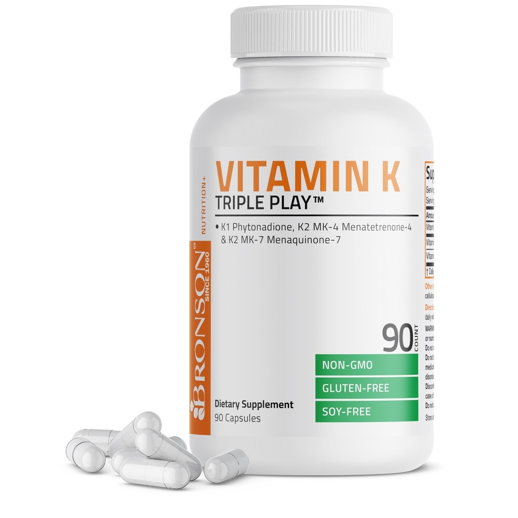 Bronson Vitamin K Triple Play (Vitamin K2 MK7 / Vitamin K2 MK4 / Vitamin K1) Full Spectrum Complex Vitamin K Supplement, 90 Capsules