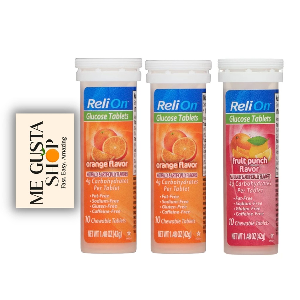 Glucose Tablets Relion Orange Flavor (pack of 02) 20 total, Fruit Punch Flavor 10 Ct Each Includes Me Gustas Sticker
