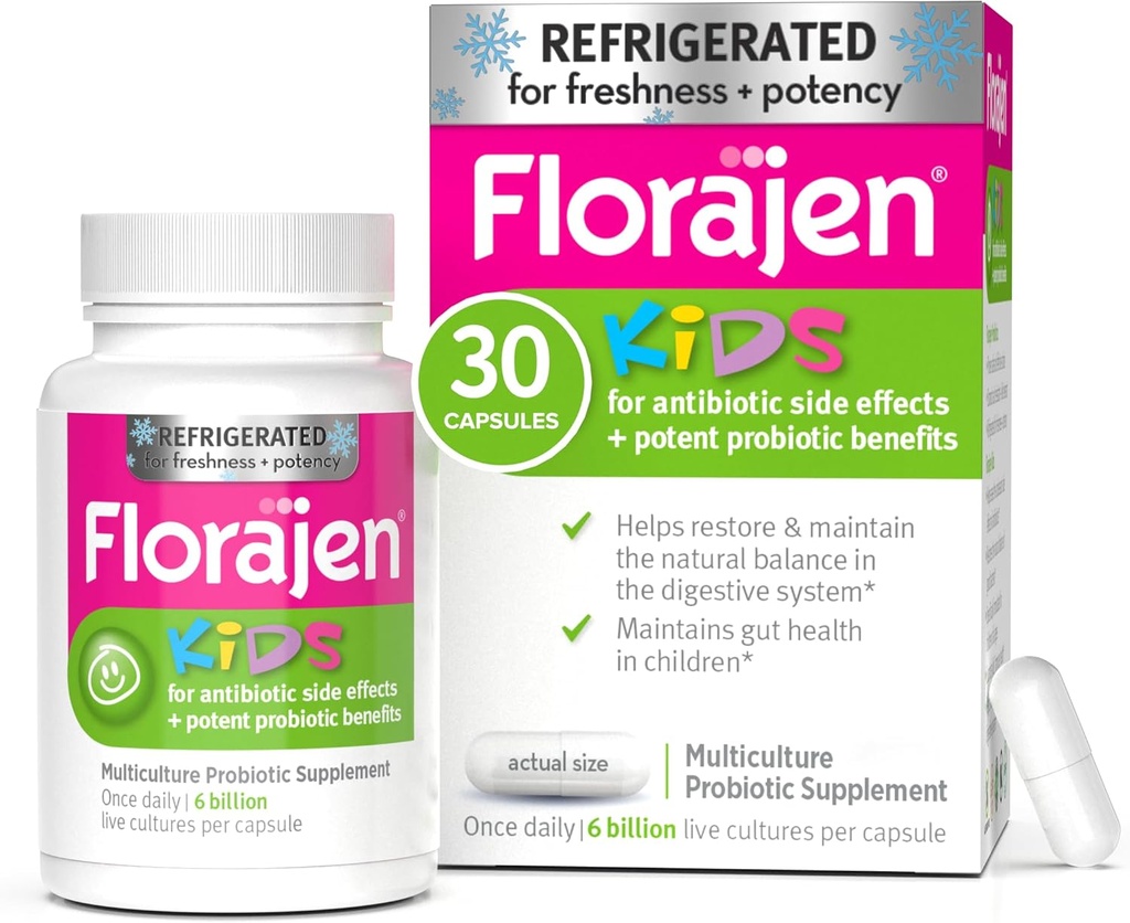 Florajen Kids Probiotics, Daily Gut Health &amp; Immune Support Supplement, Constipation and Bloating Relief, 30 Capsules (Refrigerado)