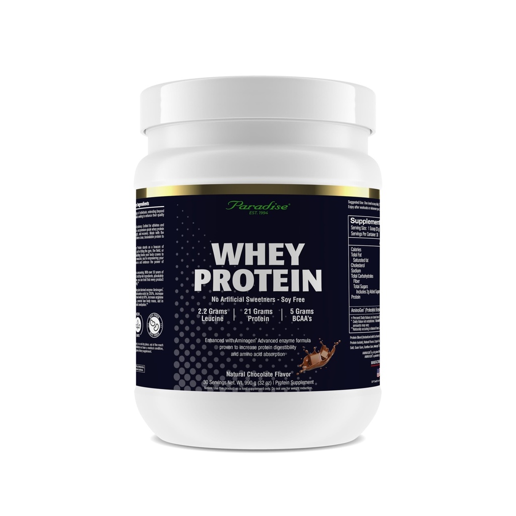 Paradise Herbs 100% Whey Protein Powder, Chocolate, 21g Protein, 5.5 BCAA's, 2.2g L-Leucine, 210mg Aminogen, 30 Servings