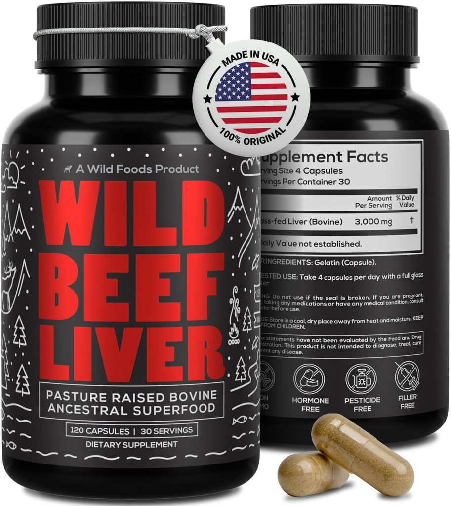 Alimentos silvestres Beef Liver Capsules - Grass-Fed ' Pasture-Raised  3000mg Suplemento ancestral para la energía natural &amp; apoyo inmune ← Organ Supplement for Men ' Women ⋅ Keto, Paleo, Carnivore (120 Softgels)