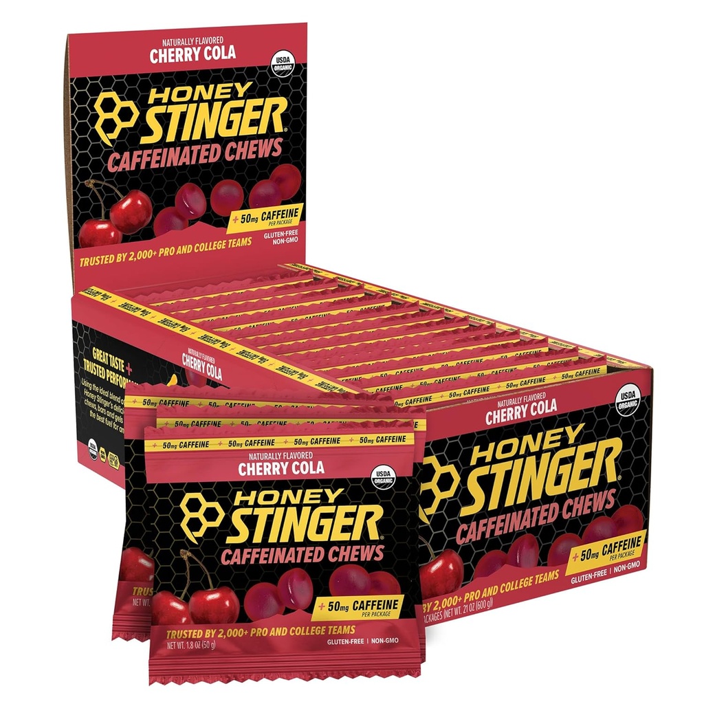Honey Stinger Cherry Cola Caffeinated Energy Chew, Gluten Free, with Caffeine, for Exercise, Running and Performance, Sports Nutrition for Home &amp; Gym, Pre and Mid Workout, 12 Pack, 23.2 Ounce