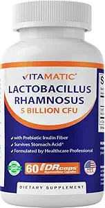 Vitamatic Lactobacillus Rhamnosus 5 Billion per DR Capsule (10 Billion Per 2 Capsules) - 60 Cuenta - Advanced Digestive & Immune Support - Hecho con fibra prebiótica de inulina