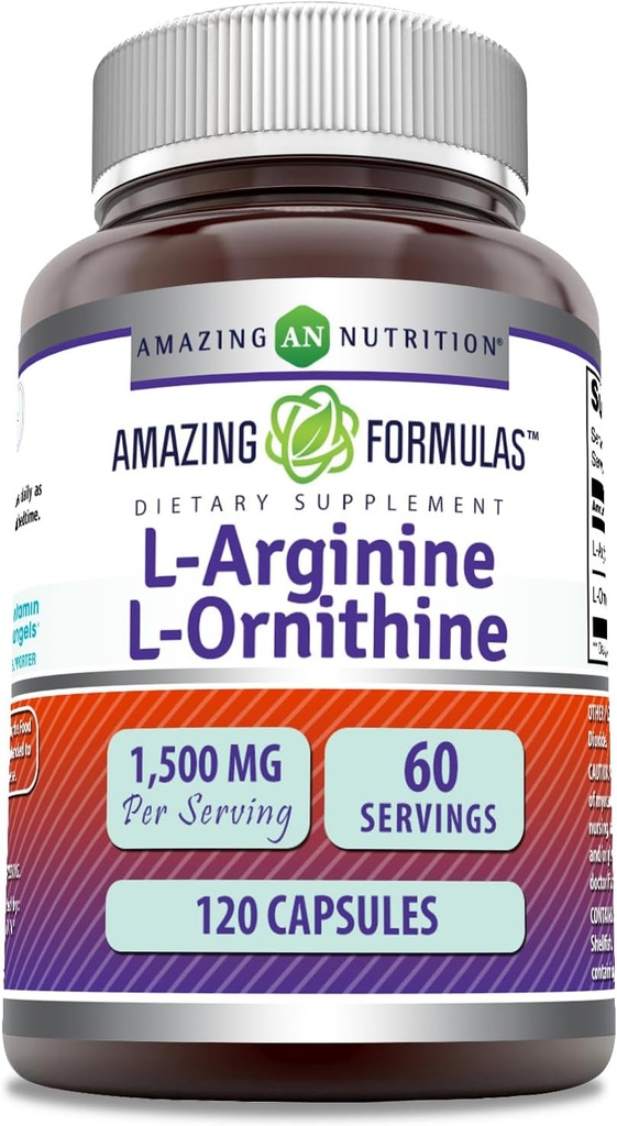 Fórmulas increíbles L-Arginina/L-Ornithine 1500 Mg Por Serving, Capsules Silencio No-GMO Silencio Gluten Libre Silencioso Suplemento Aminoácidos (120 Cuenta)