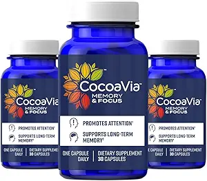 CocoaVia Memory & Focus Brain Supplement, 90 Day, Cocoa Flavanol Blend, Lutein, Añadido Caffeine for Boost. Mejorar la función cognitiva, Atención, Vegan &amp; Plant Based, 90 cápsulas