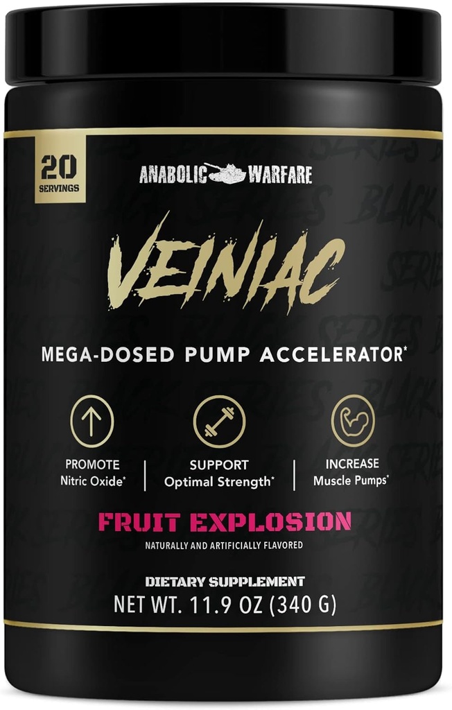 Anabólica Warfare Veiniac Muscle Pump Activador Suplemento Estimulante Libre Pre-Workout con L-Citrulline, Betaine Anhydrous, & Añadido AGMassTM, Aumenta el óxido nítrico*, Fruit Punch 20 Servings
