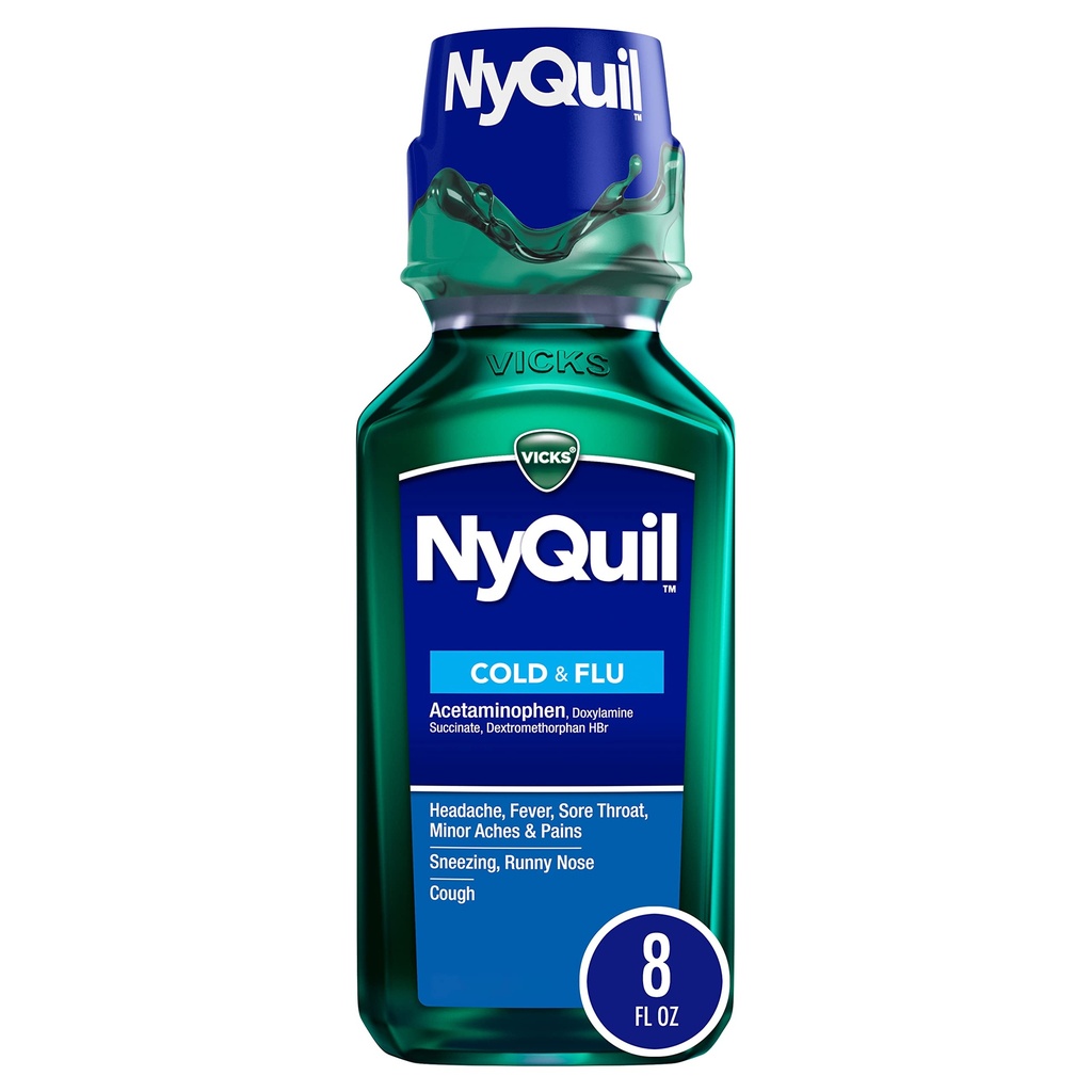 Vicks NyQuil Cold and Flu Relief Liquid Medicine, Powerful Multi-Symptom Nighttime Relief for Headache, Fever, Sore Throat, Minor Aches and Pains, Sneezing, Runny Nose, and Cough, 8 FL OZ