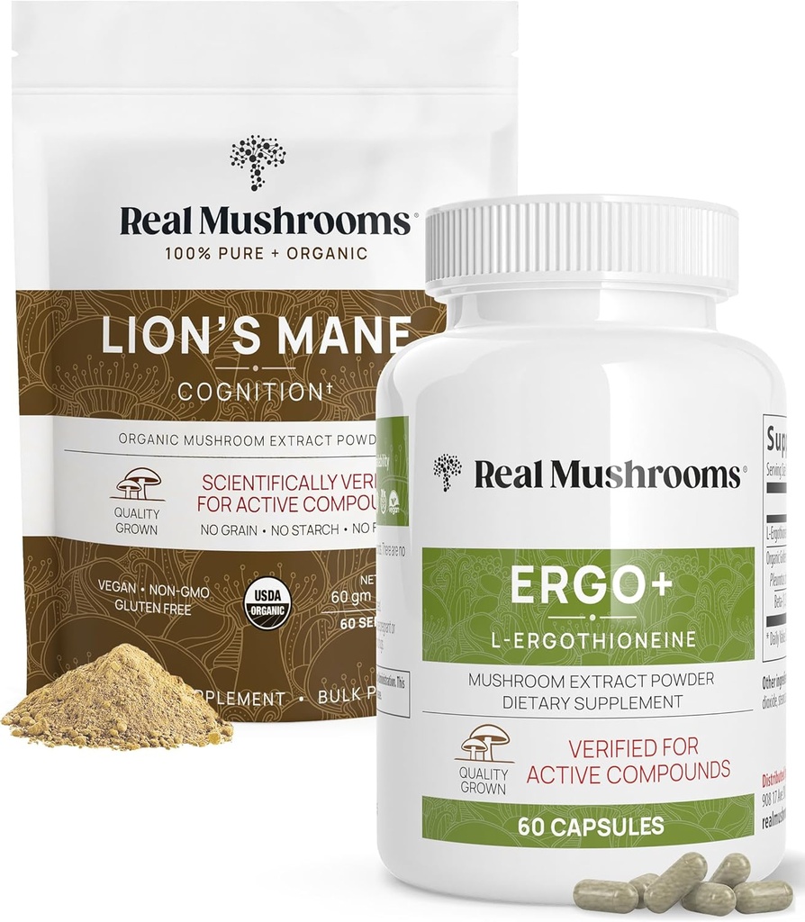 Real Mushrooms Ergothioneine (60ct) y Mane Organic Powder (60 Servings) Bundle con Shiitake y Oyster Mushroom Extractos - Longevidad y Cognición - Vegan, Gluten Free, Non-GMO