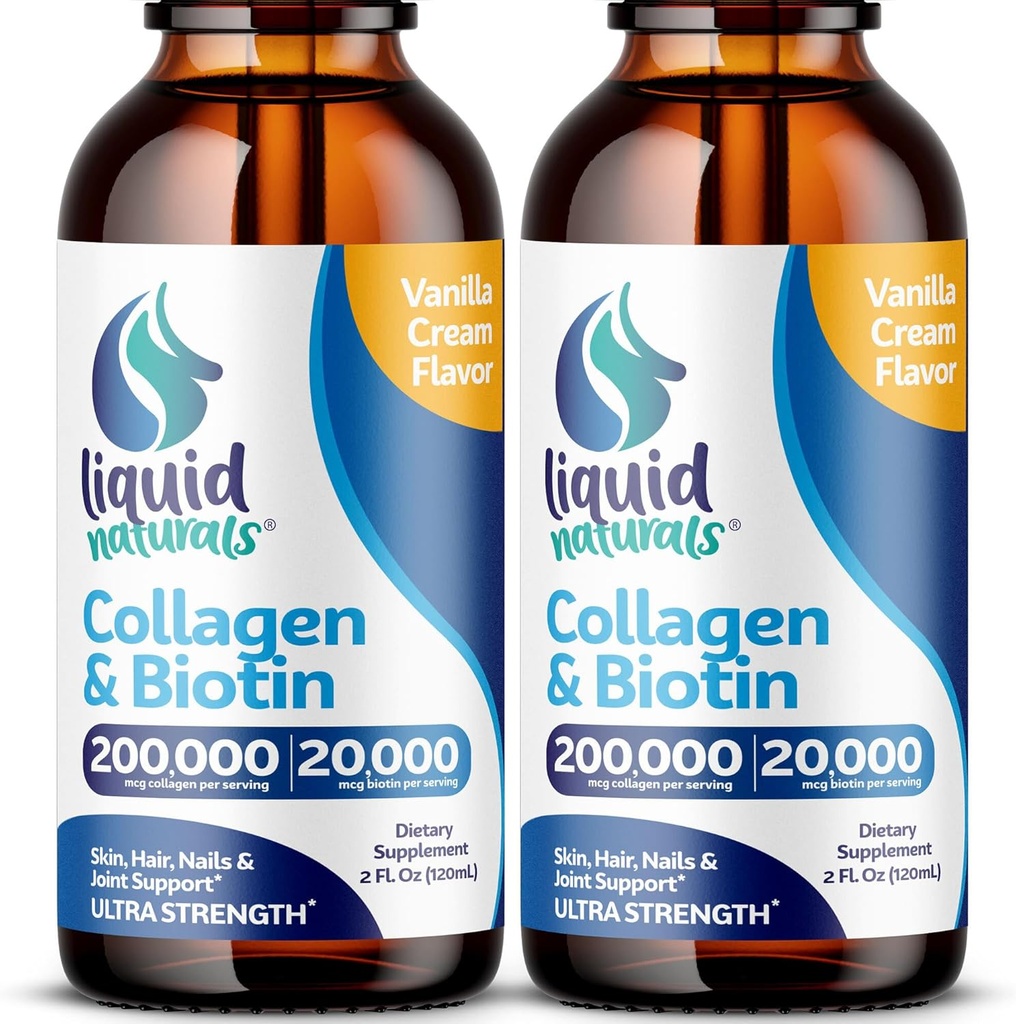 Collagen líquido y biotina, 2 Fl. Oz, suplementos de colágeno de ultra resistencia para las mujeres, biotina amigable para el crecimiento del cabello Mujeres, uñas, vitaminas de la piel B7 Collageno Peptides – Vanilla Flavor - 2 Pack