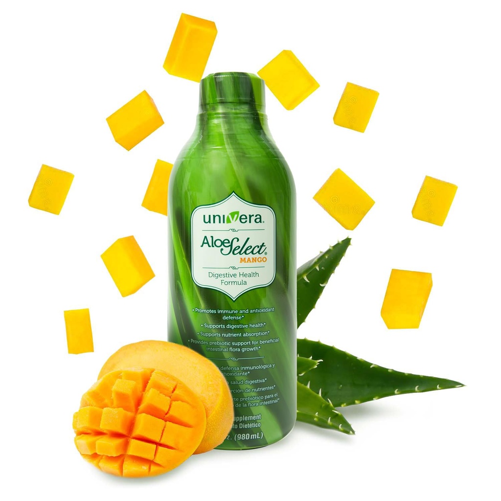 Univera Aloe Vera Juice, Preminum Organic Aloe Vera, Digestive Enzymes for Gut Health, Immune Support, Prebiotic Supplement, Reduces Inflammation, Mango Flavor, 30 Day Supply (33 fl oz)