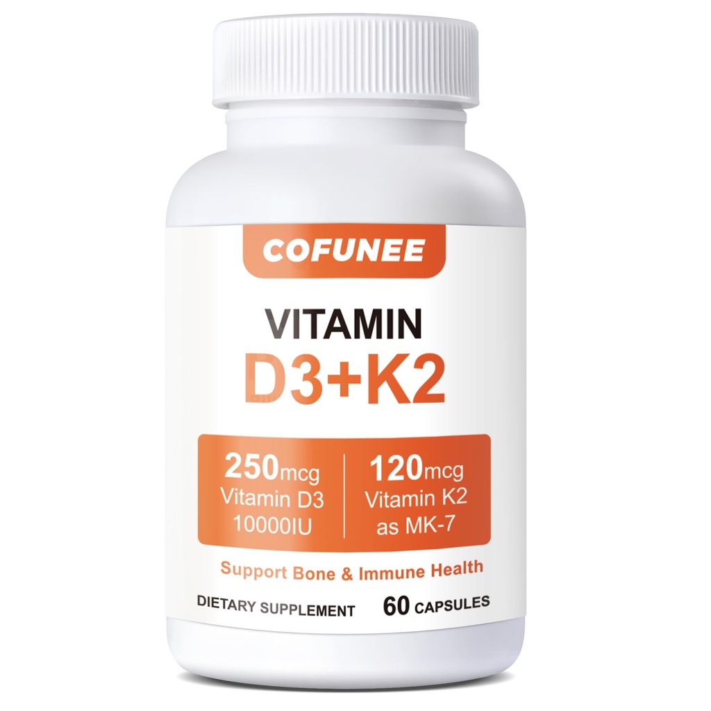 Vitamin D3 K2 Supplement - 10000 IU D3 & 120 mcg K2 MK-7 - Bone, Heart & Immune Support - with B6, B12, Magnesium & Zinc for Enhanced Benefits - High Absorption Formula - 60 Vegan Capsules
