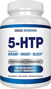 5-HTP 200 MG Plus Calcium for Mood, Sleep – Supports Calma y Relaja Mood – 99% Alta Pureza – 120 cápsulas – Arazo Nutrition