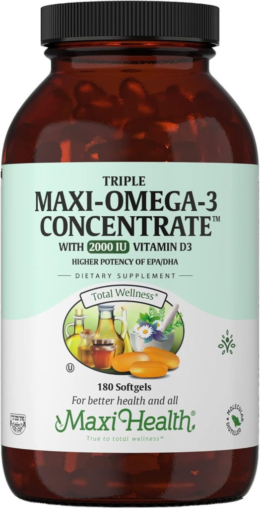 Omega 3 Suplemento - Omega-3 Petróleo Pez Triple Concentrado con Vitamina D3 - Fuente Potente de ácidos grasos EPA/DHA - Corazón, Cerebro, Salud Conjunta - Kosher Certified Wild Caught Marine Fish - 180 Softgels