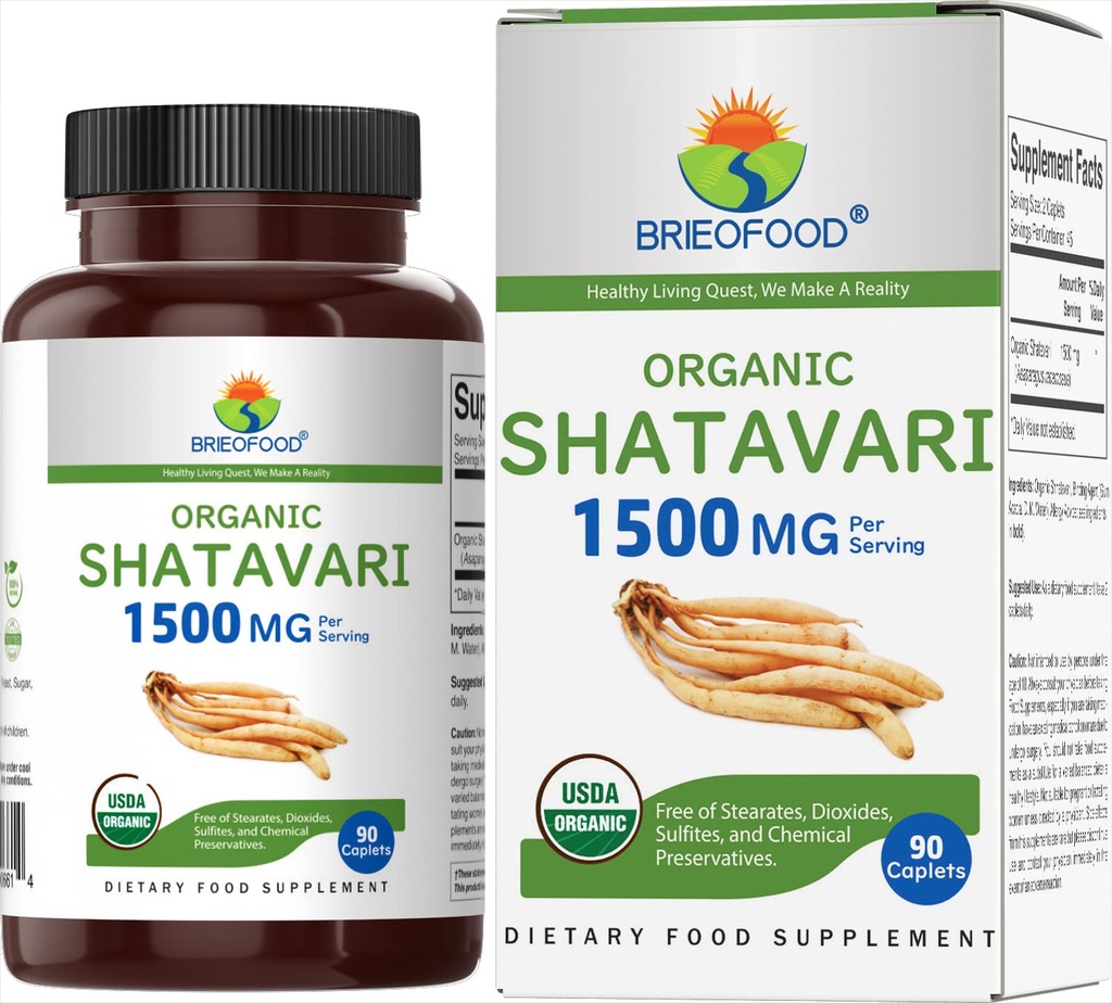 Brieofood Organic Shatavari 1500mg, 45 Servings, Vegetarian, Gluten Free, 90 Tablets Vegetarianos