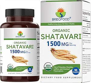 Brieofood Organic Shatavari 1500mg, 45 Servings, Vegetarian, Gluten Free, 90 Tablets Vegetarianos