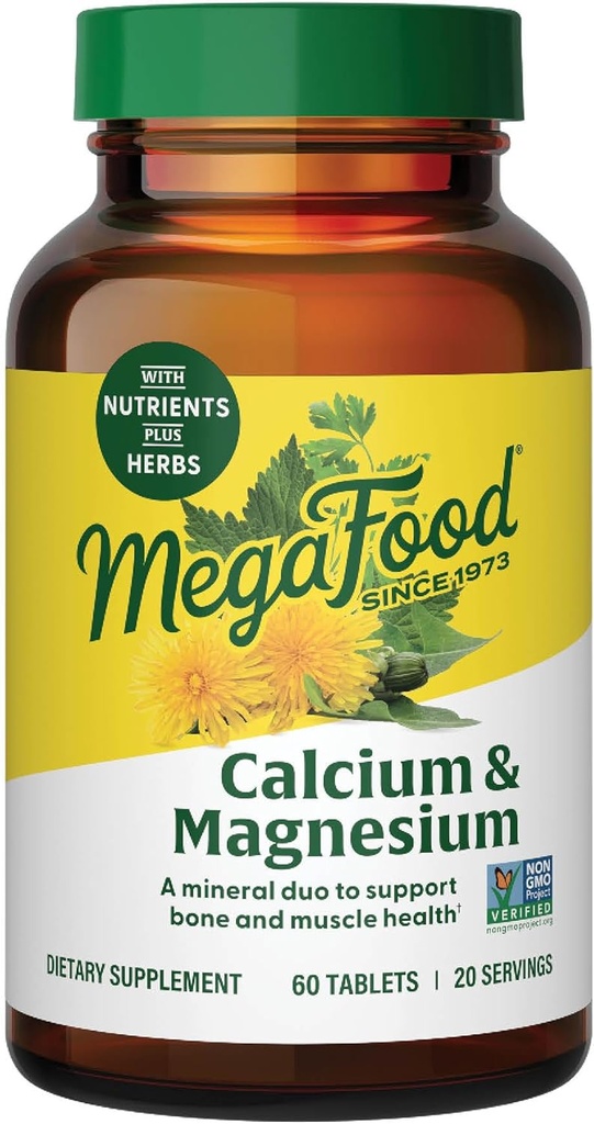 Suplemento de magnesio de calcio MegaFood - Apoyo a la salud ósea y la salud cardíaca - Suplementos de calcio de magnesio para mujeres y hombres - No GMO - 60 Tablas (20 Servimientos)