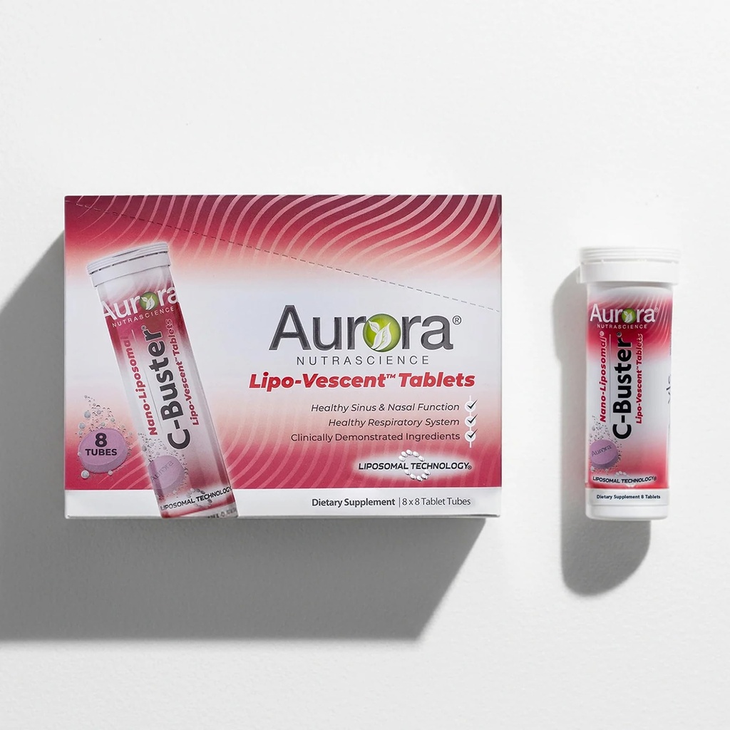 Aurora Nutrascience C-Buster Lipo-Vescent Tablets - Liposomal High Absorption Immune & Antioxidant Support for Adults, Vitamin C, D3, & K2, Supports Skin Health, Sugar & Gluten-Free - 8 Tube Pack