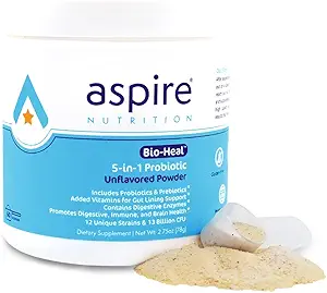 Aspire Nutrition 5-in-1 Bio-Heal® Probiótico para niños, hombres y mujeres - Mejor suplemento para la función cerebral, Gut Health &amp; Constipation - Estante estable &amp; Fortificado con vitamina, minerales " Prebióticos - Polvo