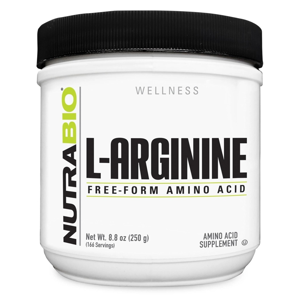 NutraBio L-Arginina Suplemento, 750mg – Nitric Oxide Precursor, apoya el flujo sanguíneo, la salud vascular y el crecimiento muscular, 250g