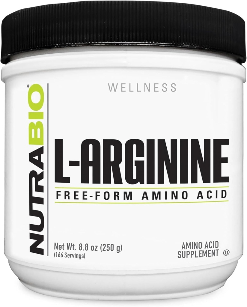 NutraBio L-Arginina Suplemento, 750mg – Nitric Oxide Precursor, apoya el flujo sanguíneo, la salud vascular y el crecimiento muscular, 250g