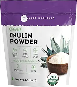 Kate Naturals Inulin Powder Orgánica de Blue Agave (8oz) Soluble Prebiotic Fiber for Coffee, Yogurt &amp; Smoothies