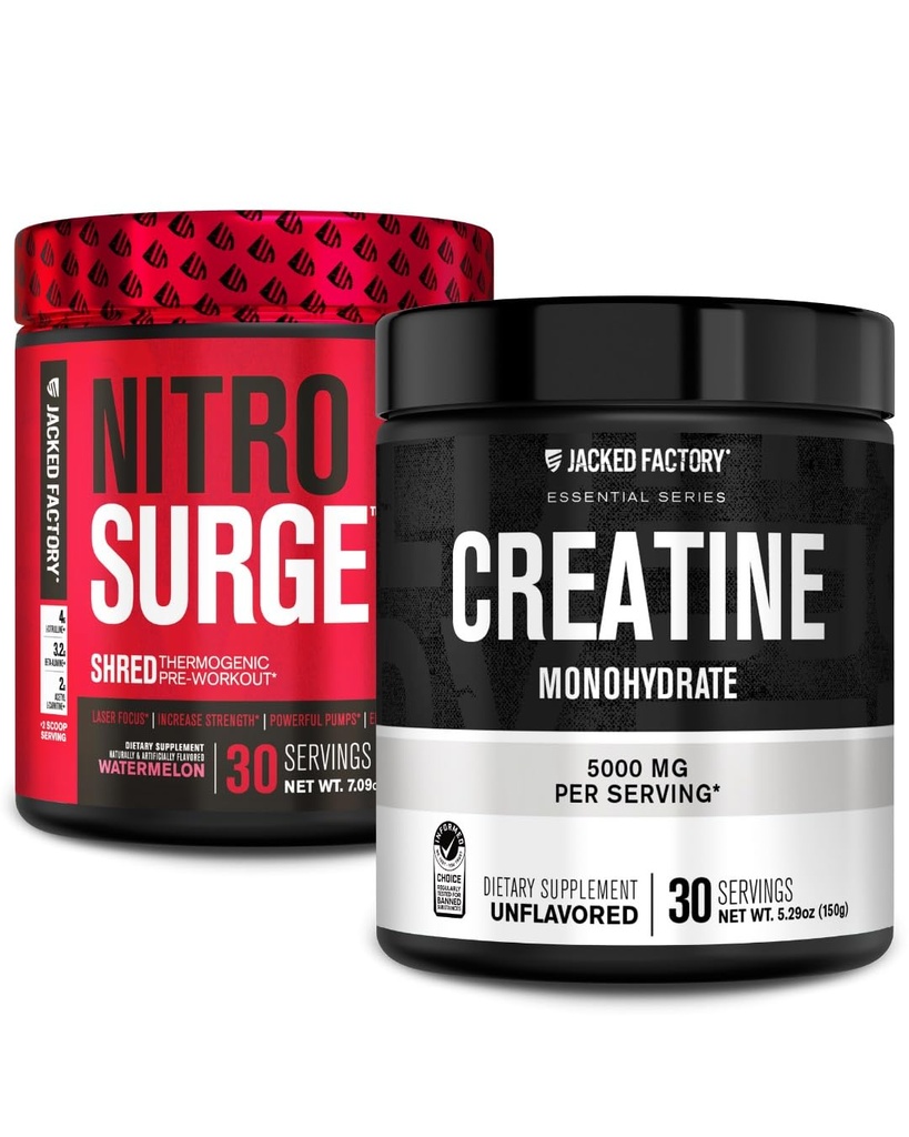 Fábrica de Jacked NITROSURGE Suplemento Pre Workout (Watermelon, 30 Servings) & Cretina Monohydrate Powder (Unflavored, 30 Servings)