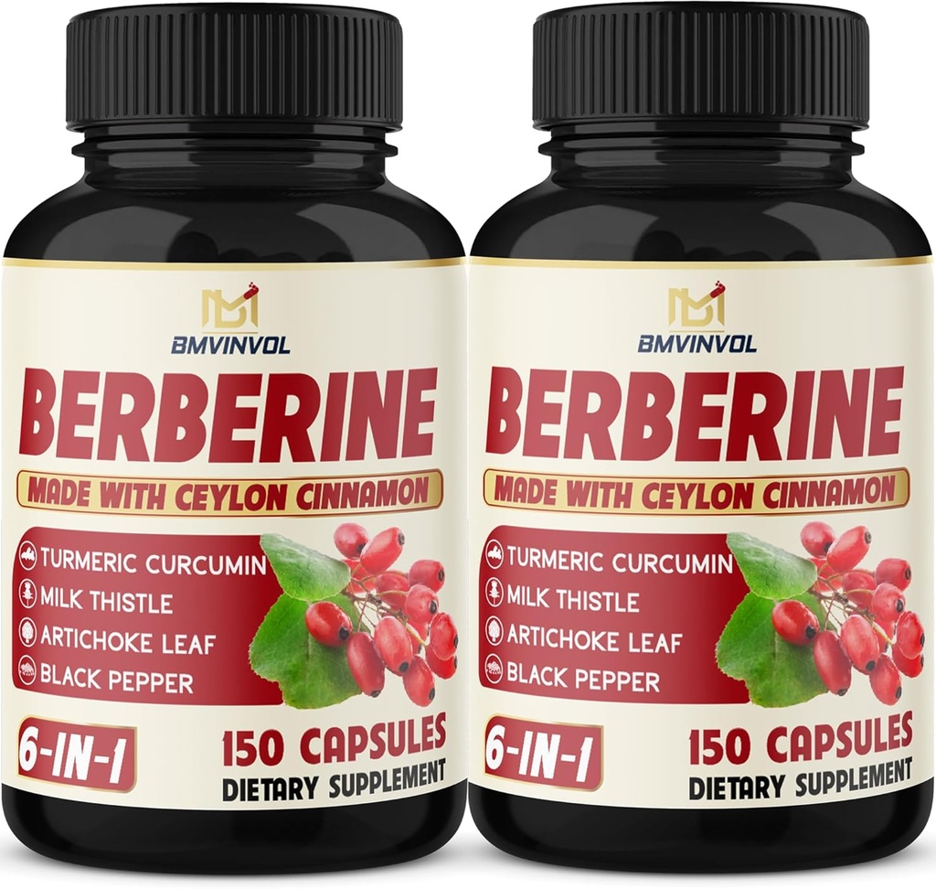 2 Pack Berberine HCl- Plus Ceylon Cinnamon, Turmeric, Milk Thistle, Artichoke, Black Pepper, Berberine HCI Root Suplementos Pills - Immune System