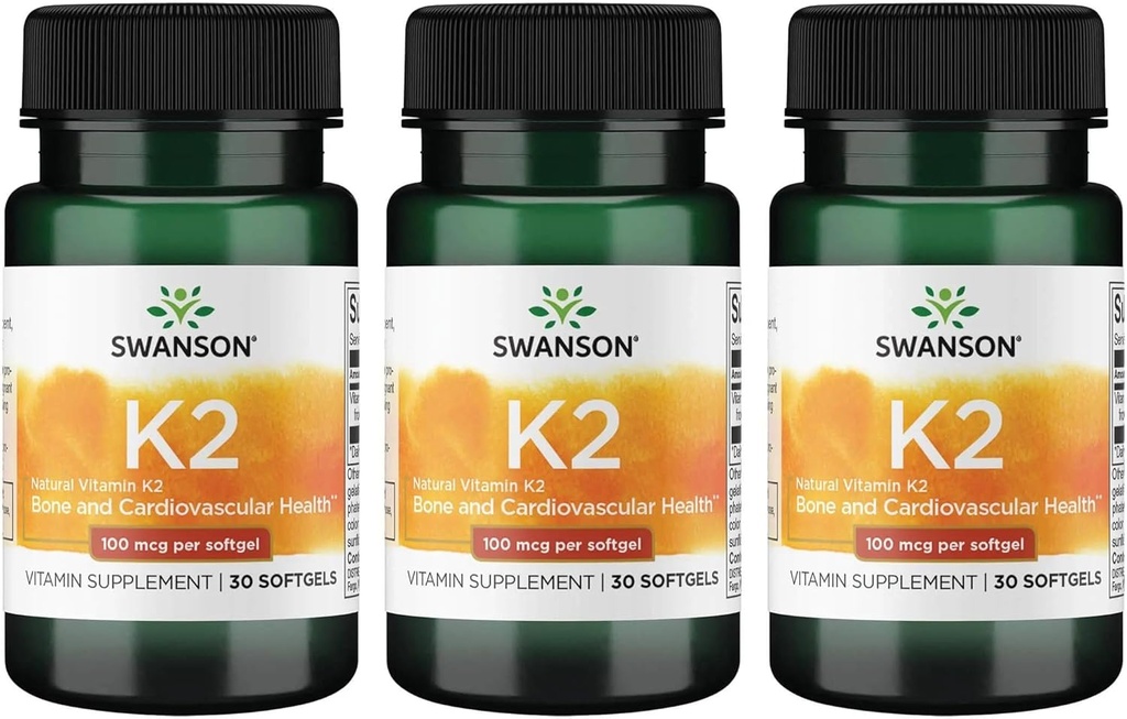 Swanson Vitamina K2 (Menaquinone-7) - Suplemento de vitaminas Apoyo Cardiovascular y Bone Health - Hecho de Natto japonés para ayudar a regular el calcio - (30 Softgels, 100 mg cada uno) (3 Pack)